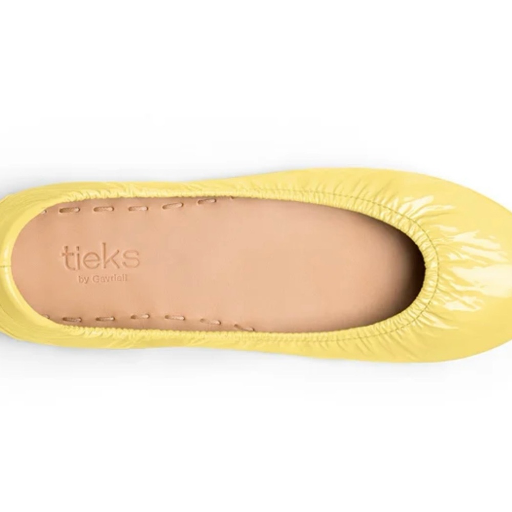 Tieks Yellow Lemon Patent Flats with teal bottom, size 7 - Picture 5 of 7